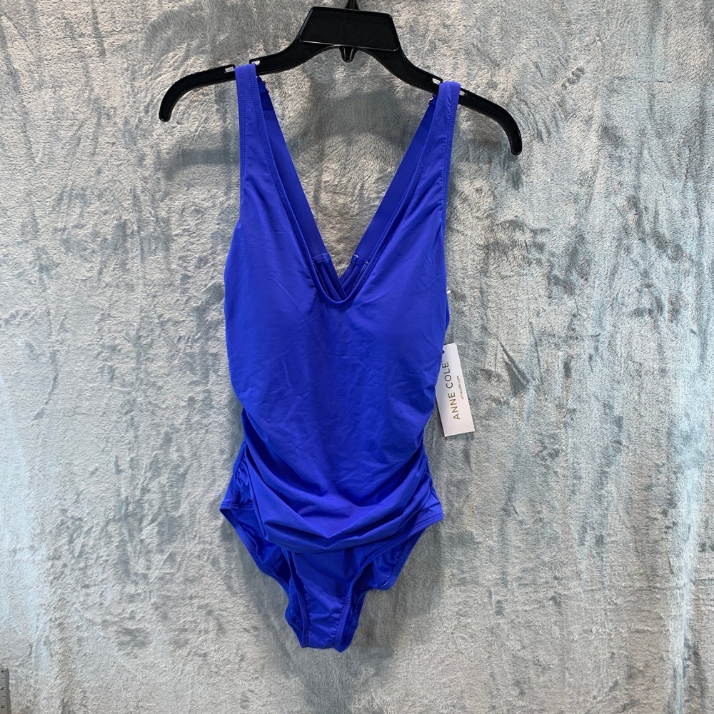 Anne Cole Women Royal Blue Ruched V-Neck One Piece Swimsuit 6 25MO09101 NEW